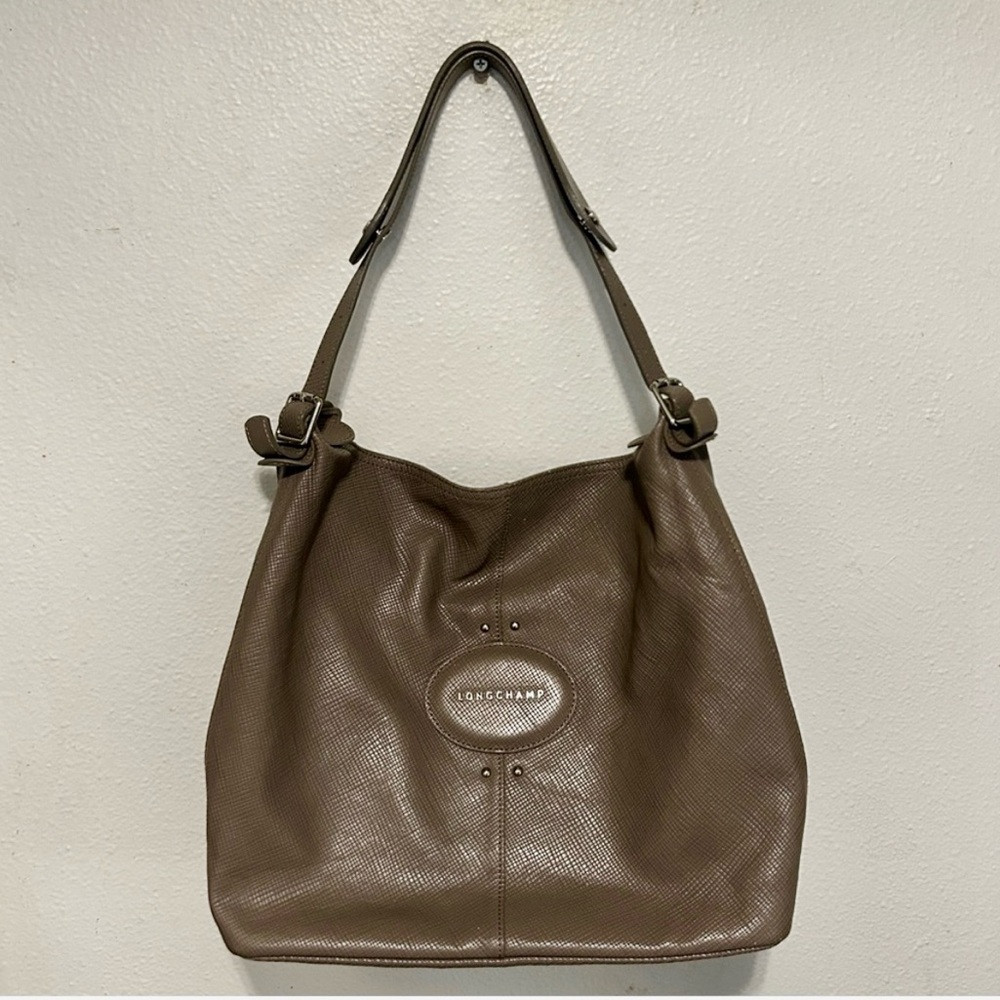 LONGCHAMP Quadri Hobo Taupe Leather Shoulder Bag Tote Satchel Gray